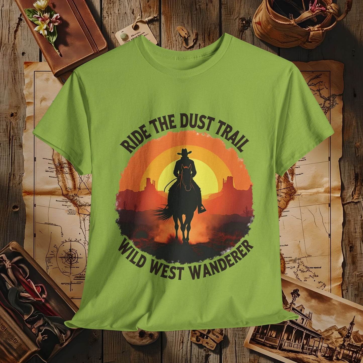 Ride the Dust Trail, Wild West Wanderer Western Travel T-Shirts | Desert, Ghost Town, and Cowboy-Inspired Adventure Tees