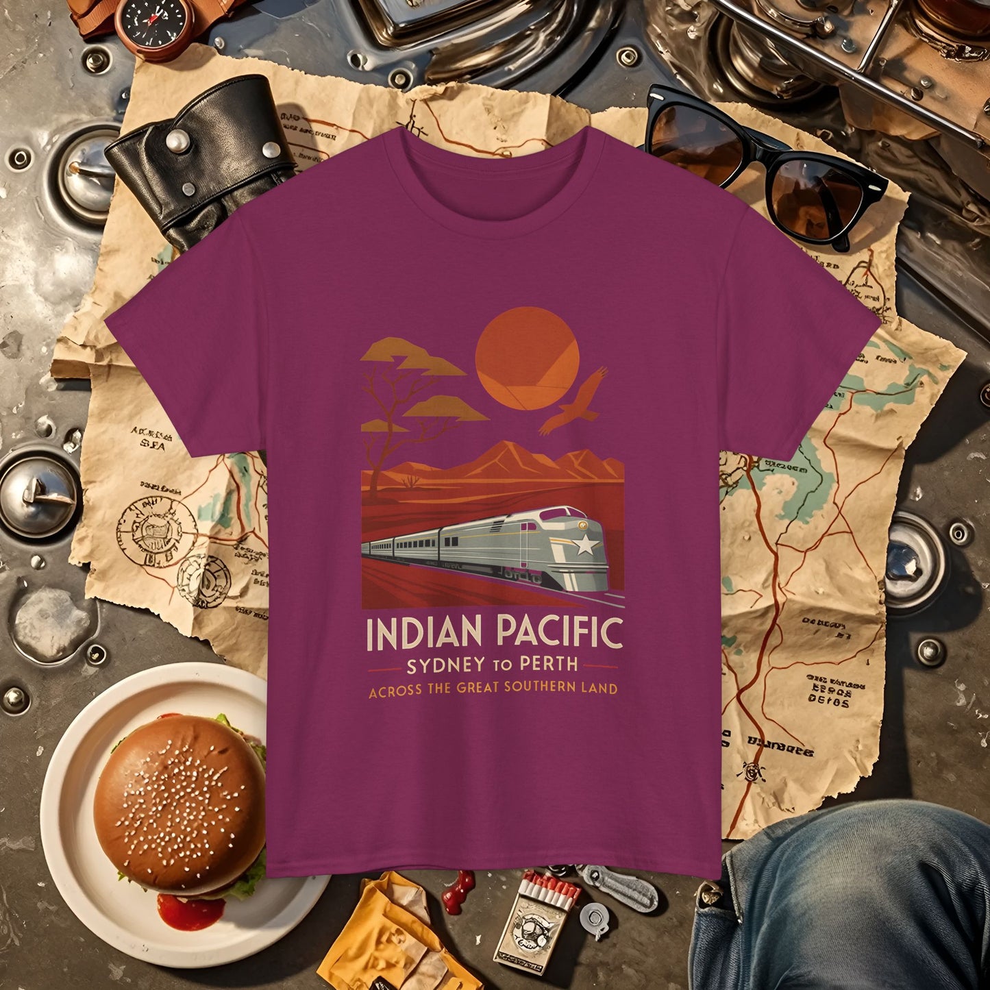 Australian Indian Pacific – Art Deco Desert Crossing Train Tee Road Trip & Vehicle Travel T-Shirts | Car, RV, and Motorcycle Adventure Tees