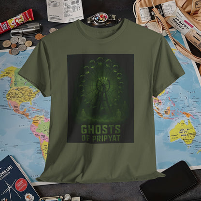 Neon Green Pripyat Ferris Wheel & Ghostly Silhouettes Tee – Chernobyl Dark Tourism Shirt | Layover Club Air Travel T-Shirts | Jetsetter, Airport, and International Flight Tees
