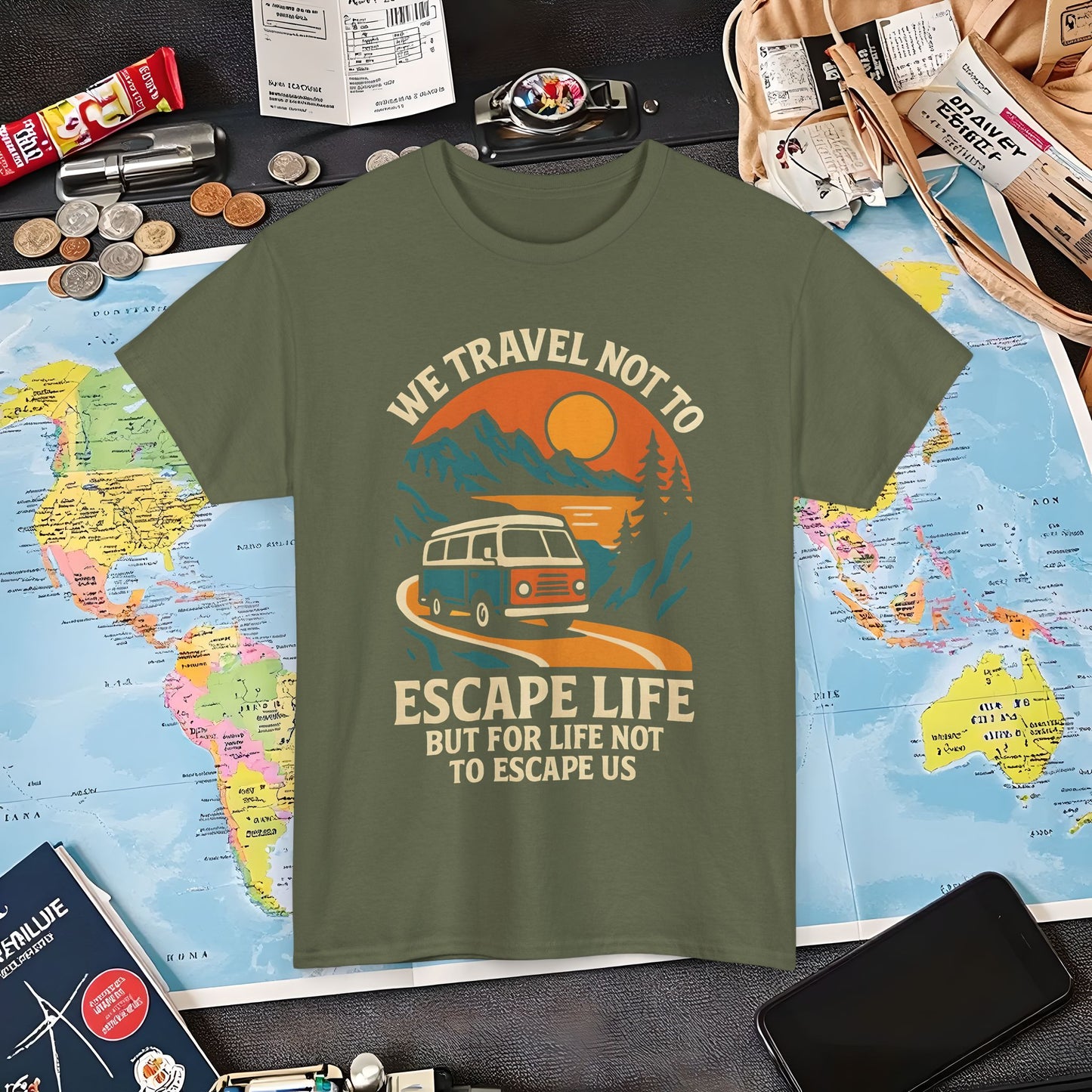 Travel Not to Escape Life – Retro Van & Sunset Road Adventure Tee | Layover Club Air Travel T-Shirts | Jetsetter, Airport, and International Flight Tees
