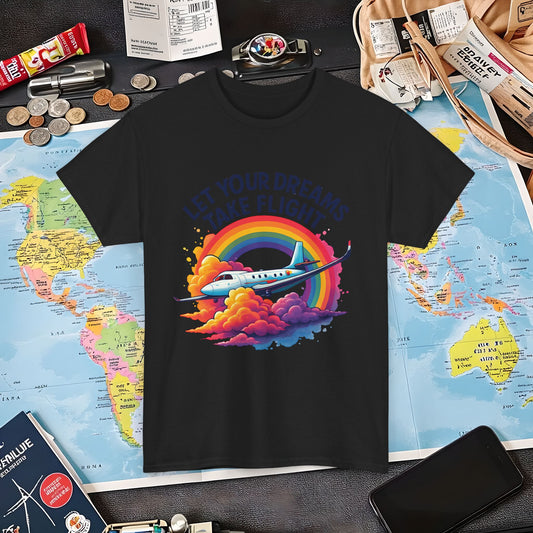 Let Your Dreams Take Flight T-Shirt – Airplane with Rainbow Trail Design Air Travel T-Shirts | Jetsetter, Airport, and International Flight Tees