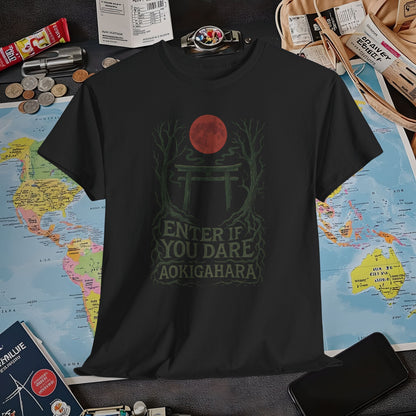 Aokigahara Torii Path Under Blood Moon Tee | Layover Club Air Travel T-Shirts | Jetsetter, Airport, and International Flight Tees
