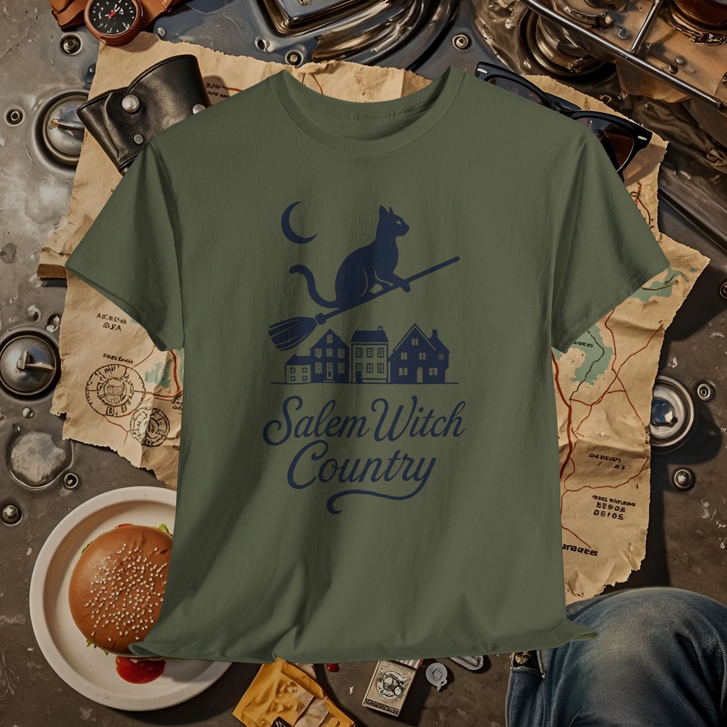 Midnight Cat on Broom – Salem Witch Country Silhouette Tee | Car, RV, and Motorcycle Adventure Tees