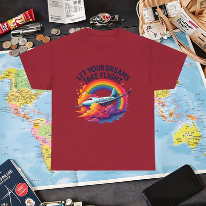 Let Your Dreams Take Flight T-Shirt – Airplane with Rainbow Trail Design Air Travel T-Shirts | Jetsetter, Airport, and International Flight Tees