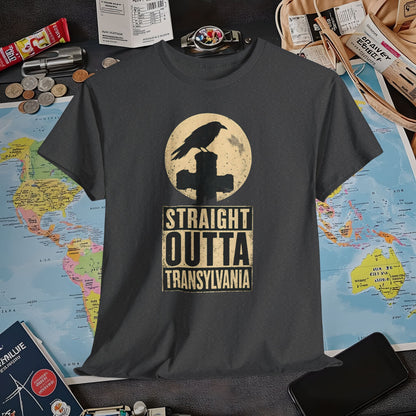 Straight Outta Transylvania Raven Cross Tee – Gothic Travel Romania Shirt | Layover Club Air Travel T-Shirts | Jetsetter, Airport, and International Flight Tees