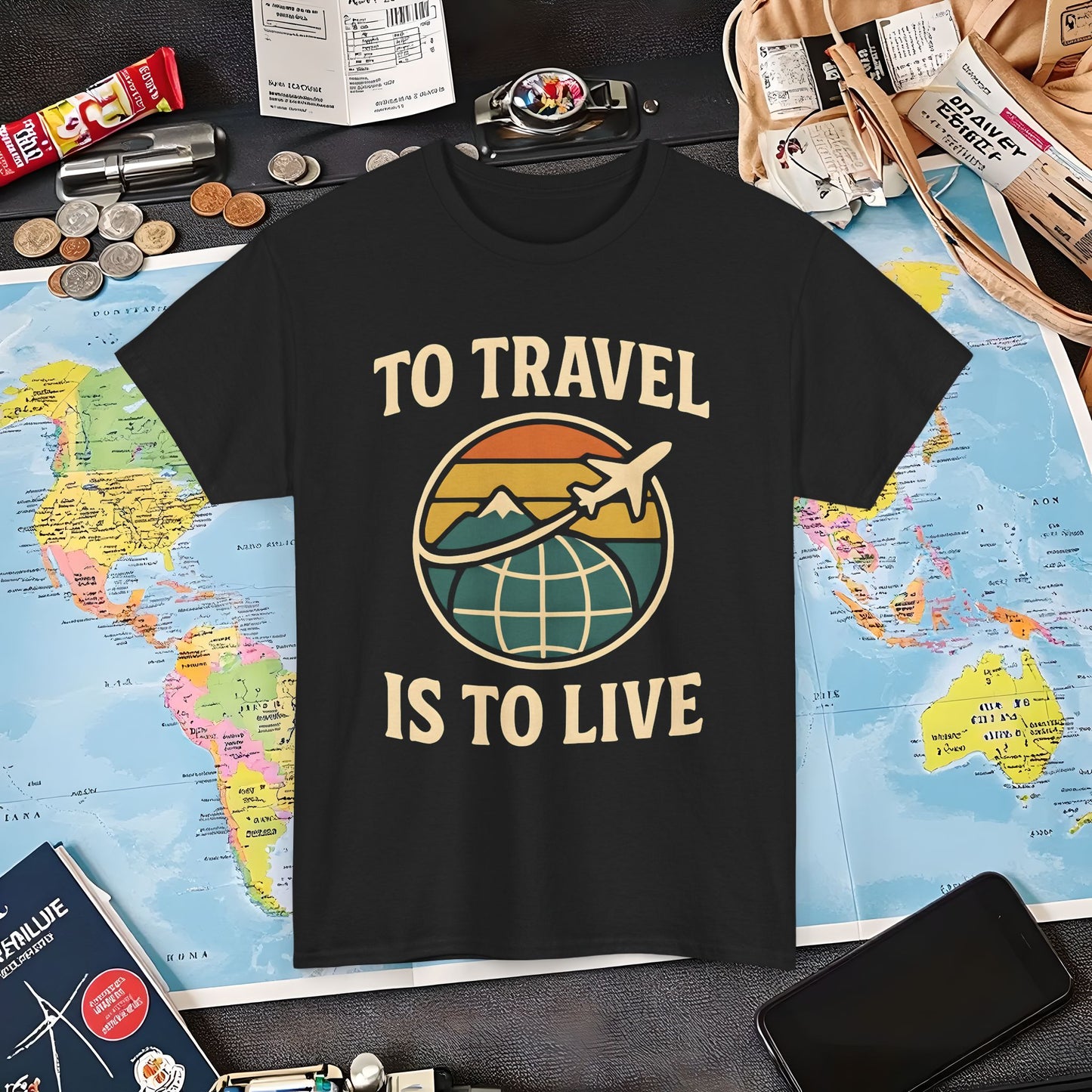 To Travel Is To Live – Vintage Globe & Airplane Travel Badge Tee (Layover Club) Air Travel T-Shirts | Jetsetter, Airport, and International Flight Tees