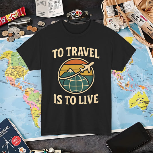To Travel Is To Live – Vintage Globe & Airplane Travel Badge Tee (Layover Club) Air Travel T-Shirts | Jetsetter, Airport, and International Flight Tees