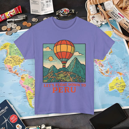 Let’s Float Down to Peru T-Shirt – Vintage Hot-Air Balloon Over Machu Picchu Design Air Travel T-Shirts | Jetsetter, Airport, and International Flight Tees