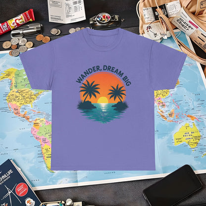 Wander Dream Big T-Shirt – Tropical Sunset with Palm Silhouettes Design Air Travel T-Shirts | Jetsetter, Airport, and International Flight Tees