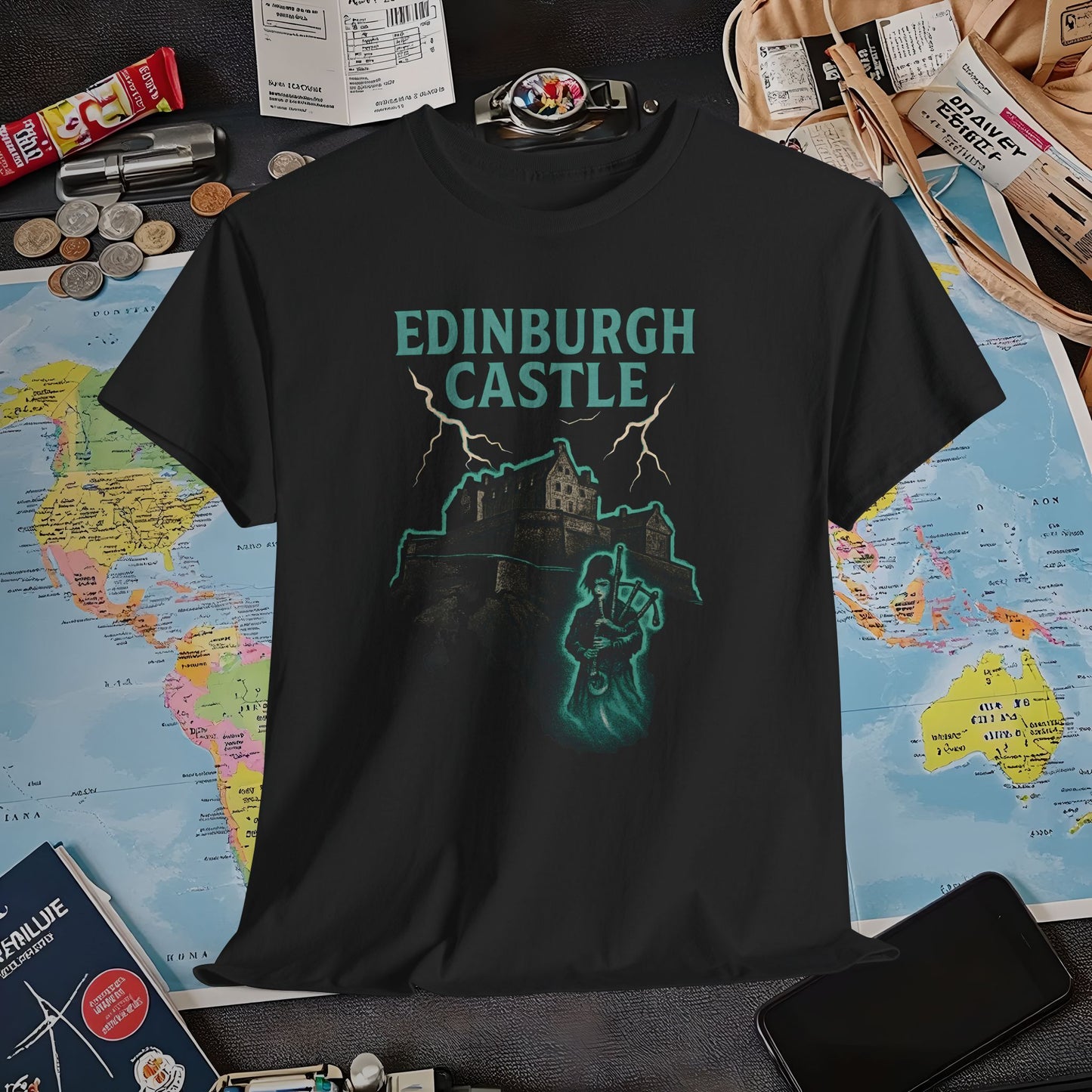 Ghostly Edinburgh Castle & Spectral Bagpiper Tee – Haunted Scotland Dark Tourism Shirt | Layover Club Air Travel T-Shirts | Jetsetter, Airport, and International Flight Tees