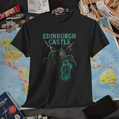 Ghostly Edinburgh Castle & Spectral Bagpiper Tee – Haunted Scotland Dark Tourism Shirt | Layover Club Air Travel T-Shirts | Jetsetter, Airport, and International Flight Tees