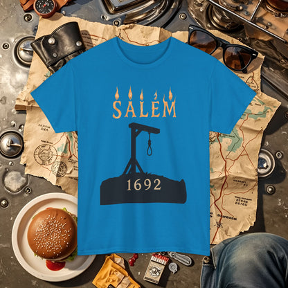 Salem 1692 Gothic Noose & Candle Flame Typography Tee – Witch Trials Dark History Shirt | Car, RV, and Motorcycle Adventure Tees