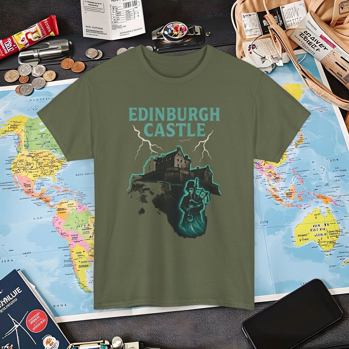 Ghostly Edinburgh Castle & Spectral Bagpiper Tee – Haunted Scotland Dark Tourism Shirt | Layover Club Air Travel T-Shirts | Jetsetter, Airport, and International Flight Tees