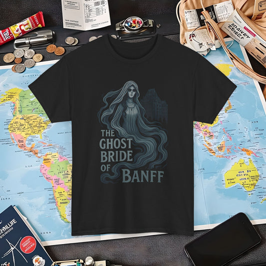 Ghostly Bride at Banff Springs Hotel Shirt – Haunted Canadian Hotel Dark Tourism Tee | Layover Club Air Travel T-Shirts | Jetsetter, Airport, and International Flight Tees