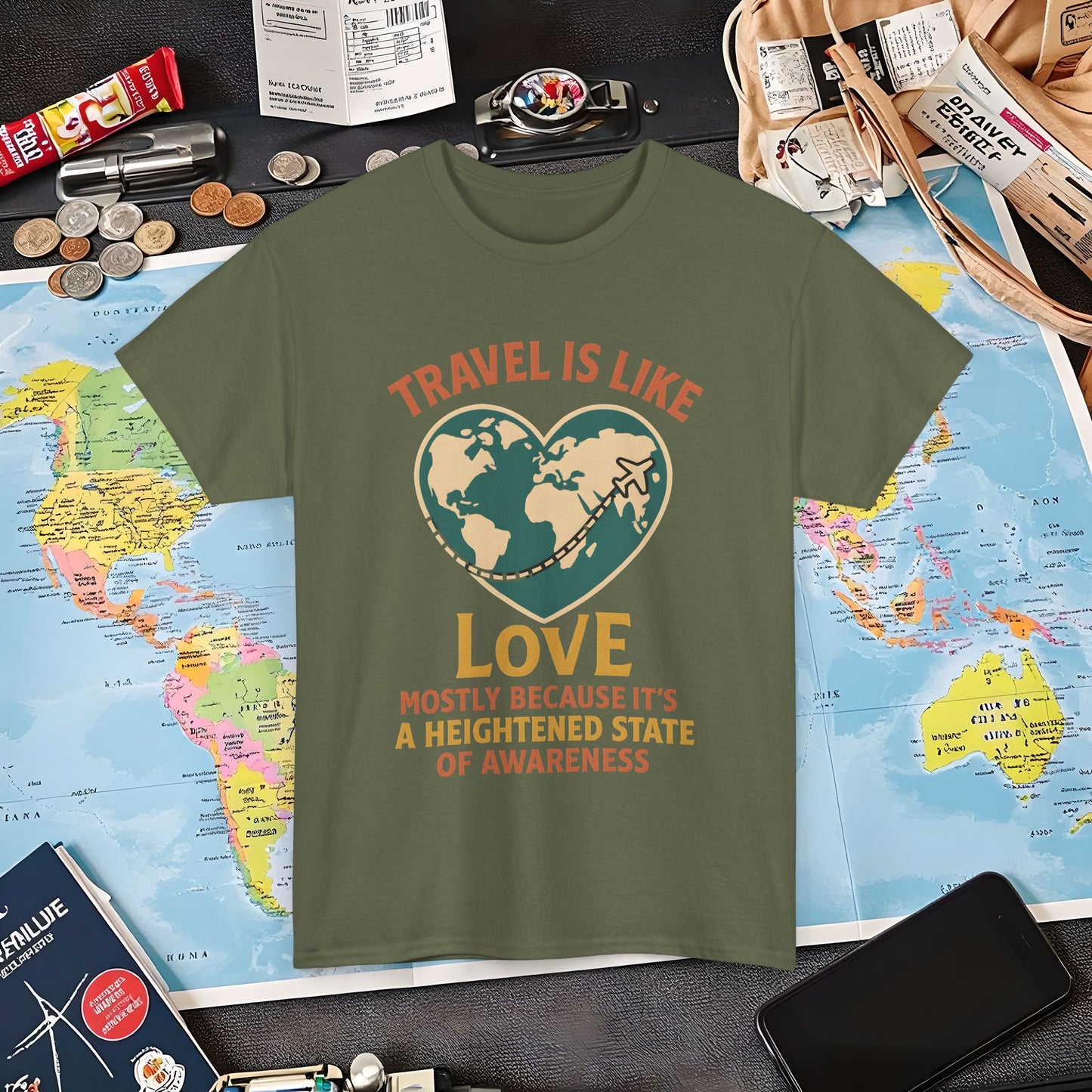 Travel Is Like Love – Heart Map Quote Tee with Airplane Path | Layover Club Air Travel T-Shirts | Jetsetter, Airport, and International Flight Tees