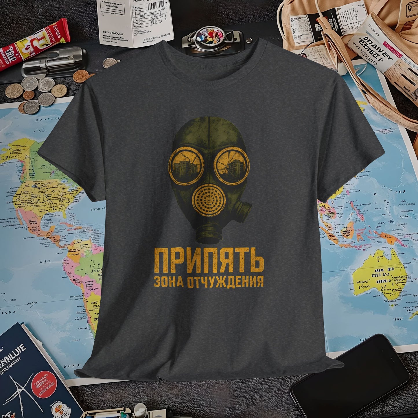 Pripyat Gas Mask with Ruined Apartment Reflection Tee – Chernobyl Dark Tourism Shirt | Layover Club Air Travel T-Shirts | Jetsetter, Airport, and International Flight Tees