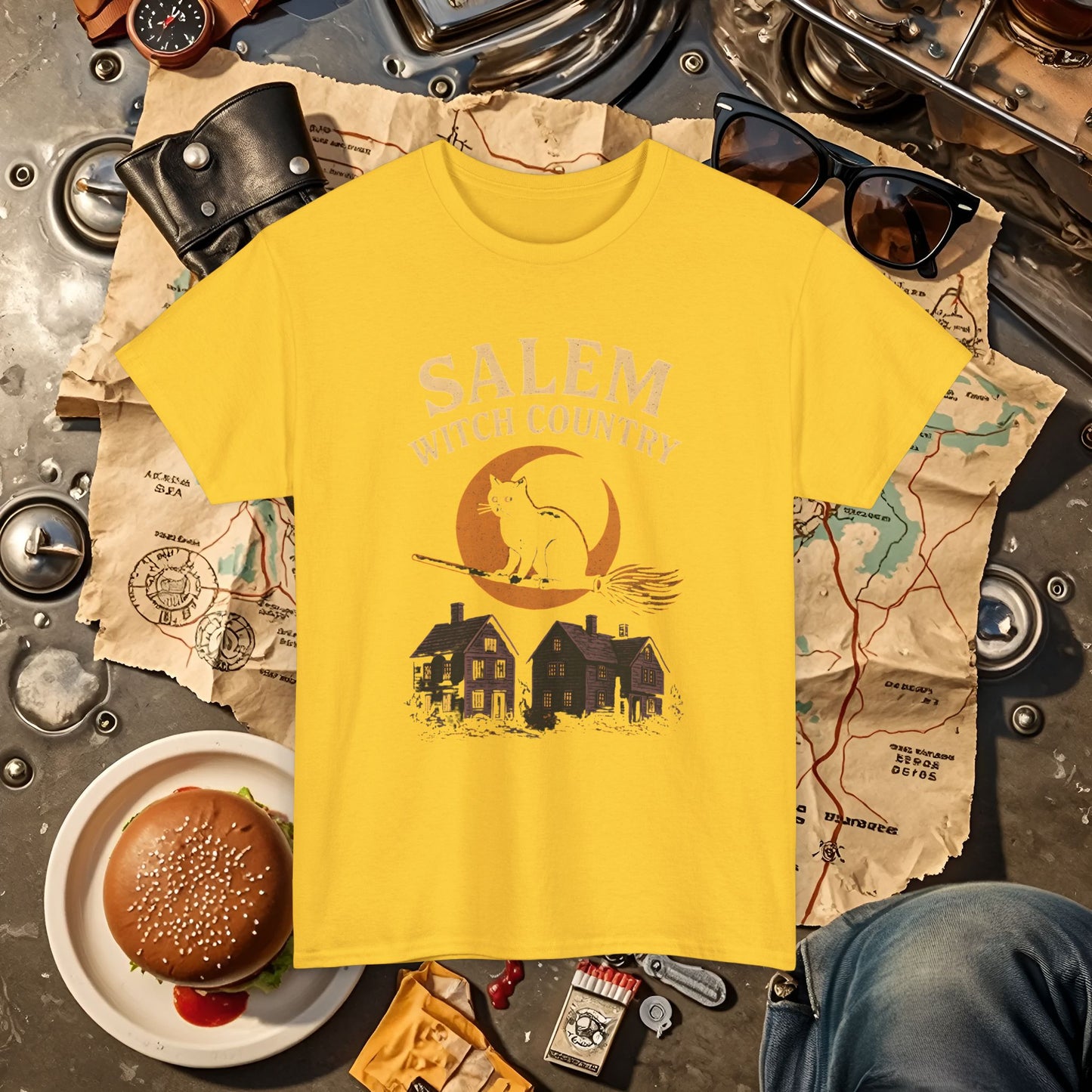 Salem Witch Country Black Cat & Moon Graphic Tee – Gothic Massachusetts Travel Shirt | Car, RV, and Motorcycle Adventure Tees