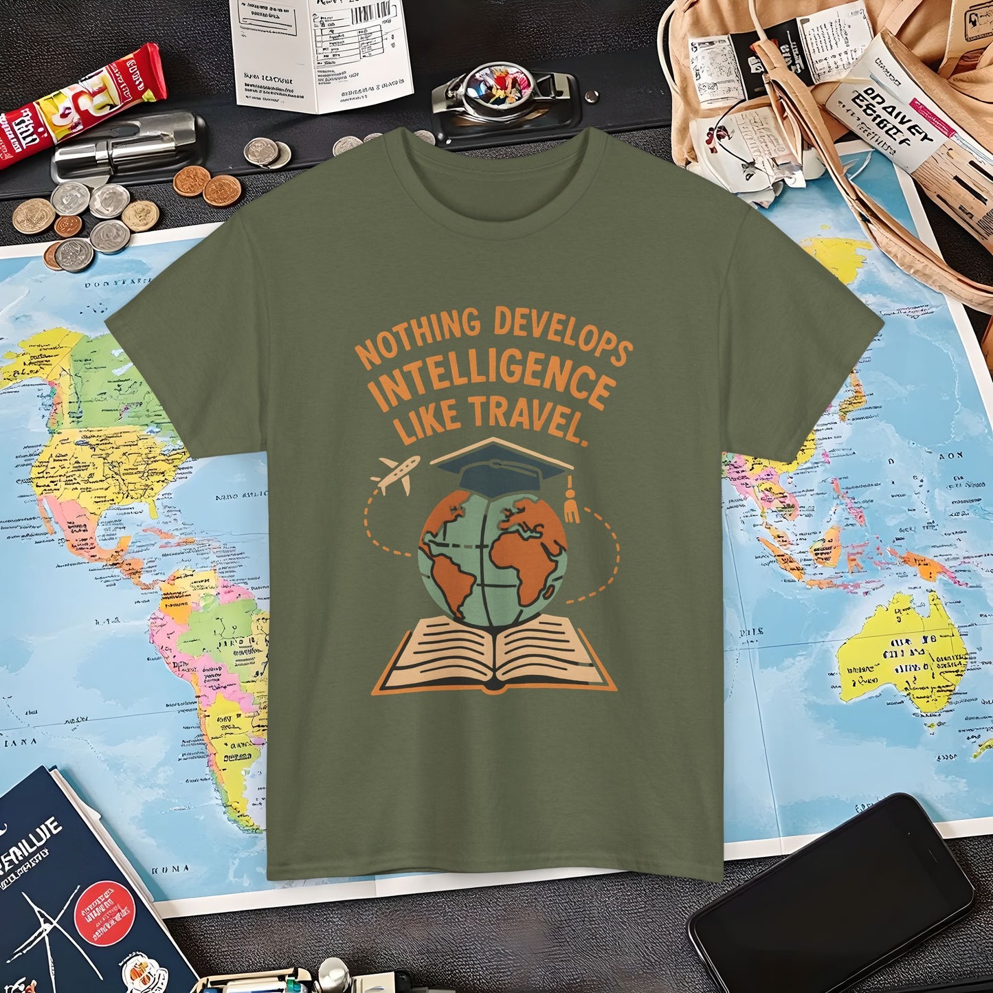 Nothing Develops Intelligence Like Travel – Globe Graduation Wisdom Tee | Layover Club Air Travel T-Shirts | Jetsetter, Airport, and International Flight Tees