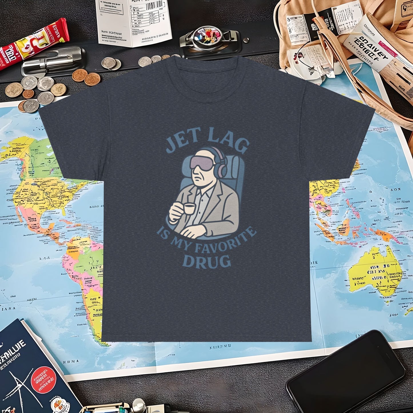 Jet Lag Is My Favorite Drug – Vintage Espresso & Travel Vibes Tee Air Travel T-Shirts | Jetsetter, Airport, and International Flight Tees