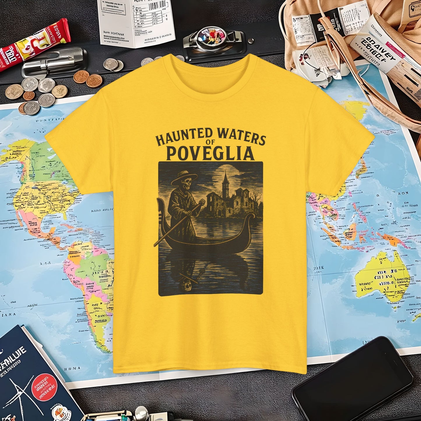 Skeletal Gondolier of Haunted Poveglia – Dark Venetian Ghost Travel Tee| Layover Club Air Travel T-Shirts | Jetsetter, Airport, and International Flight Tees