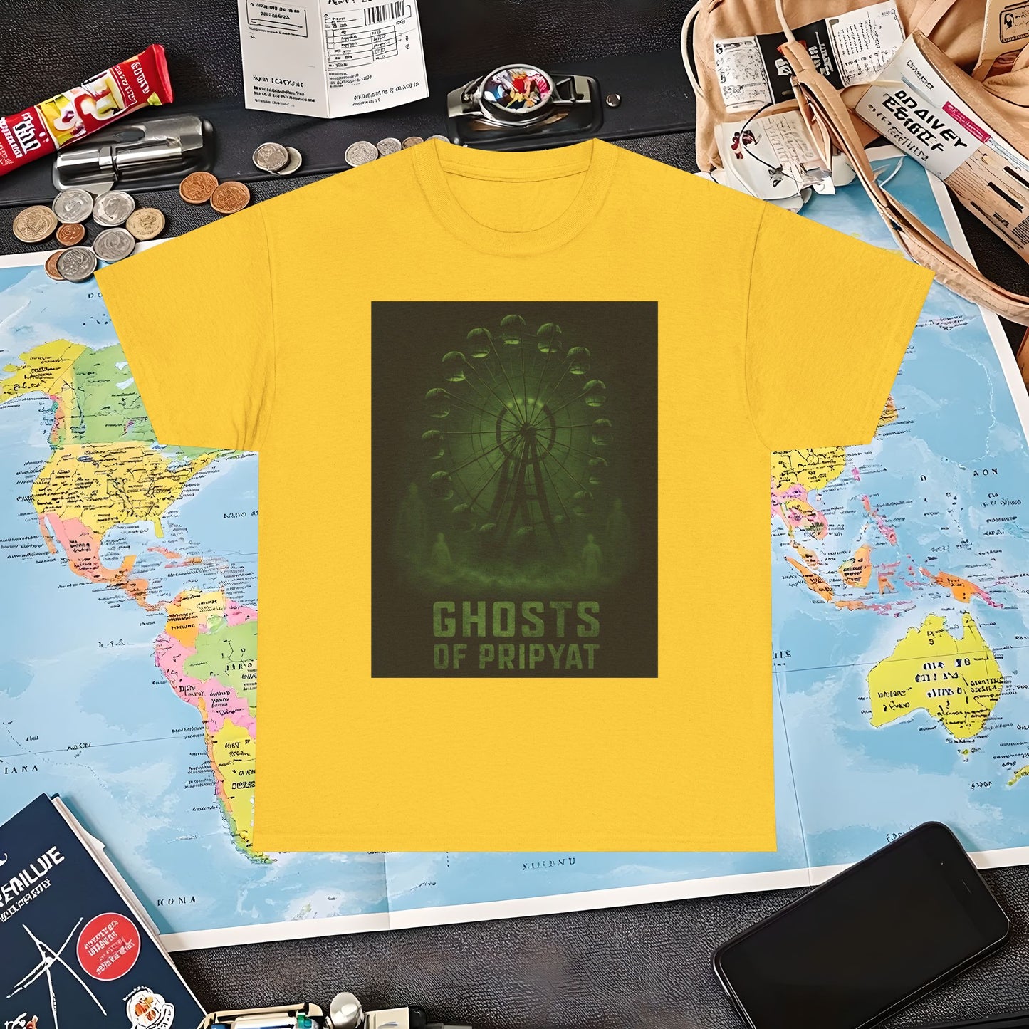 Neon Green Pripyat Ferris Wheel & Ghostly Silhouettes Tee – Chernobyl Dark Tourism Shirt | Layover Club Air Travel T-Shirts | Jetsetter, Airport, and International Flight Tees