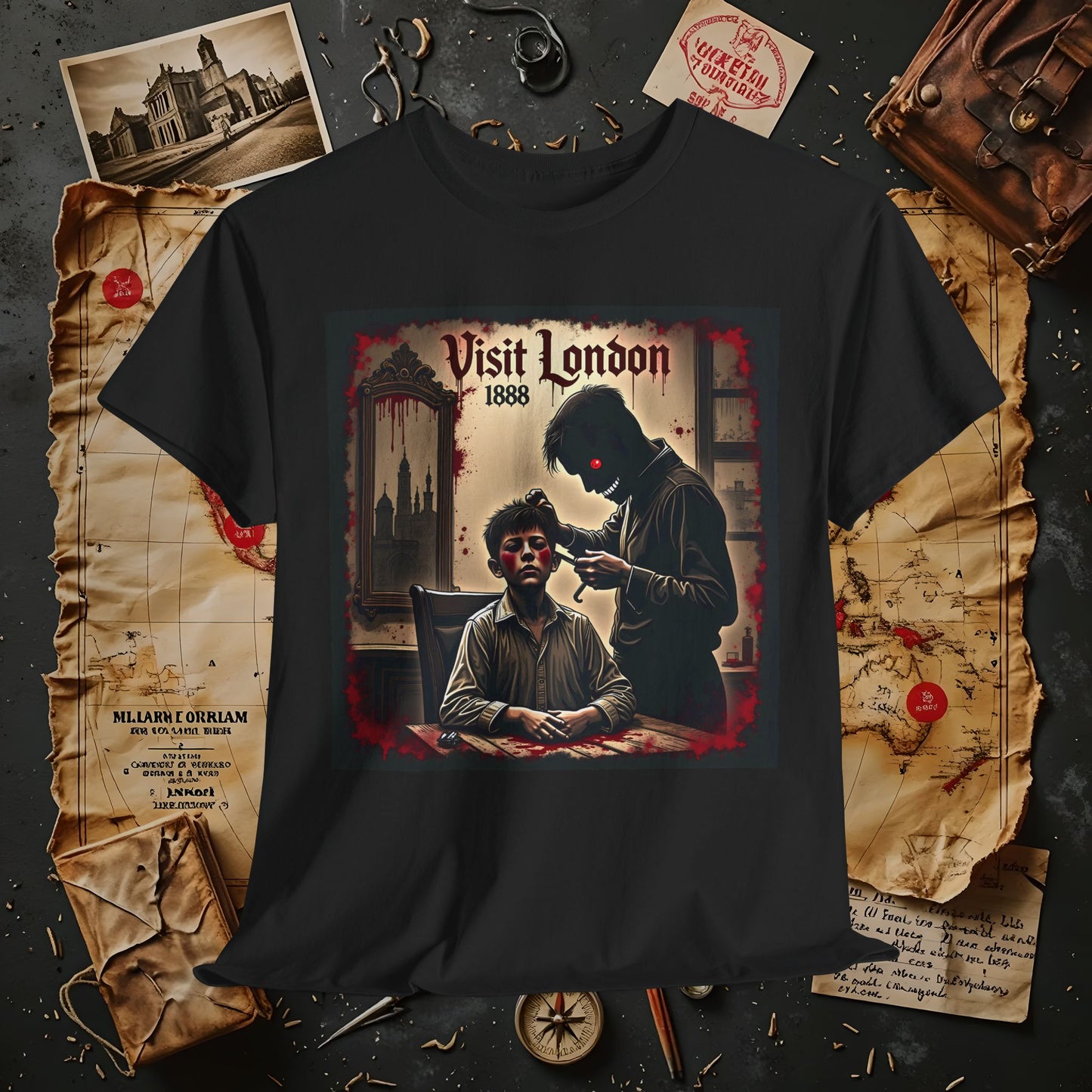 Visit London 1888 T-Shirt – Victorian Horror with Jack the Ripper and Evil Barber Art