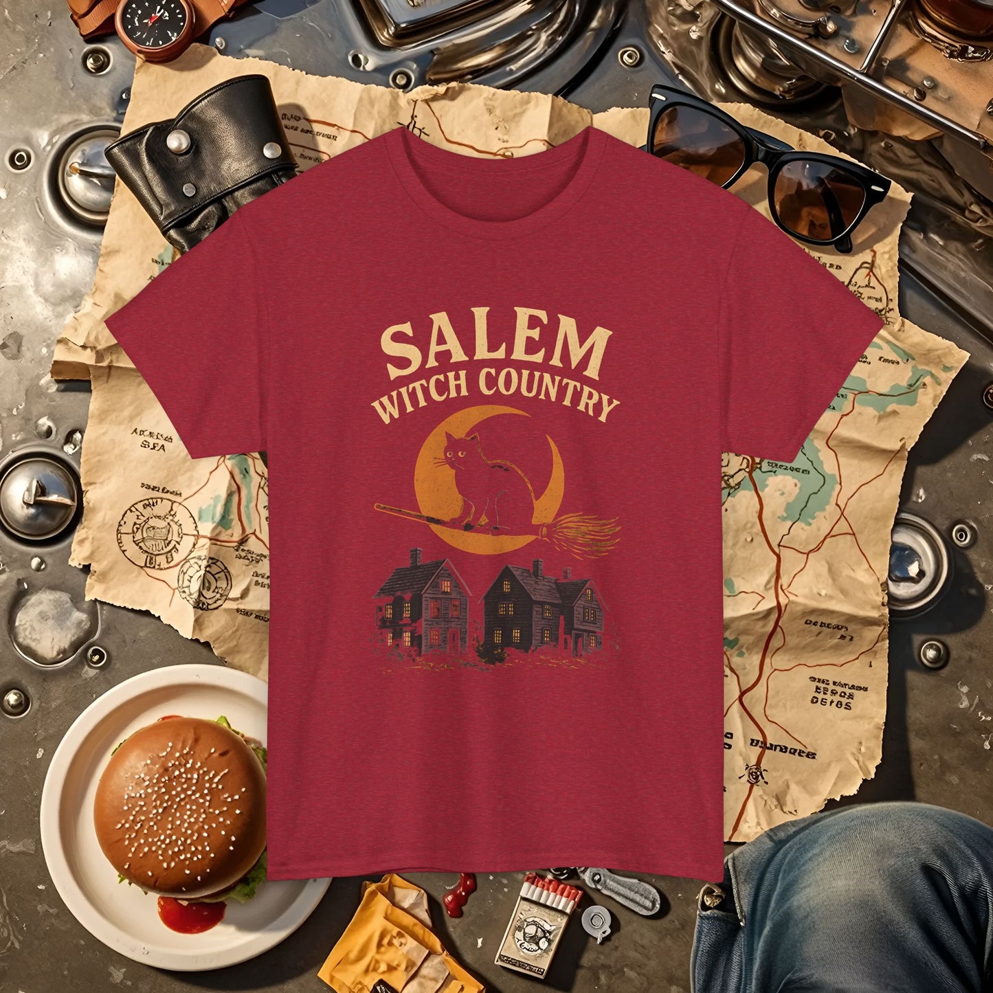Salem Witch Country Black Cat & Moon Graphic Tee – Gothic Massachusetts Travel Shirt | Car, RV, and Motorcycle Adventure Tees