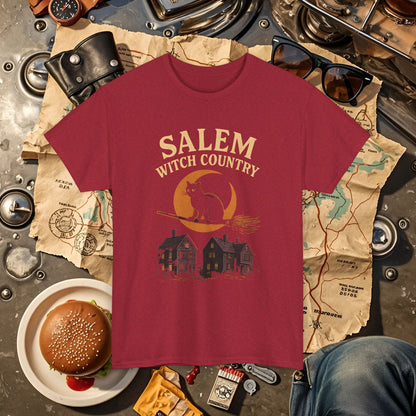Salem Witch Country Black Cat & Moon Graphic Tee – Gothic Massachusetts Travel Shirt | Car, RV, and Motorcycle Adventure Tees