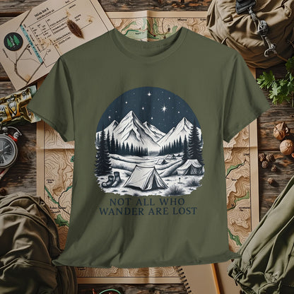 Not All Who Wander Are Lost T-Shirt – Mountain Camping Under Starry Night Camping, Hiking, Rafting & Kayaking Tees for Nature Lovers