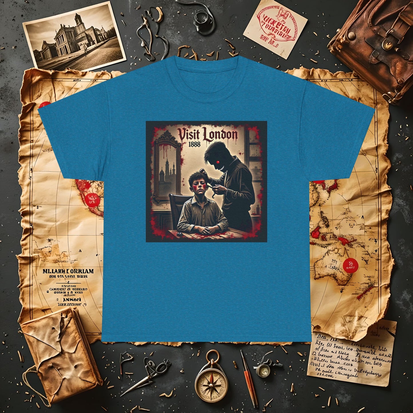 Visit London 1888 T-Shirt – Victorian Horror with Jack the Ripper and Evil Barber Art