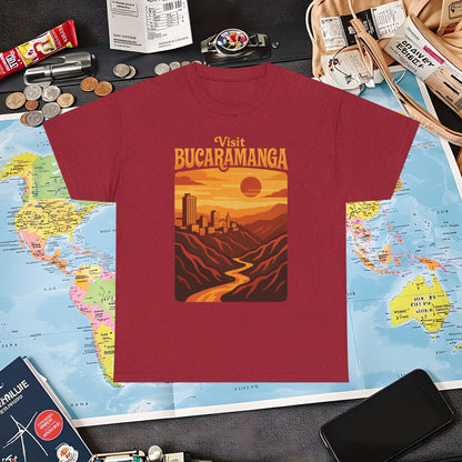 Retro Bucaramanga Skyline & Chicamocha Canyon Sunset – Vintage Colombia Travel Tee | Layover Club Air Travel T-Shirts | Jetsetter, Airport, and International Flight Tees