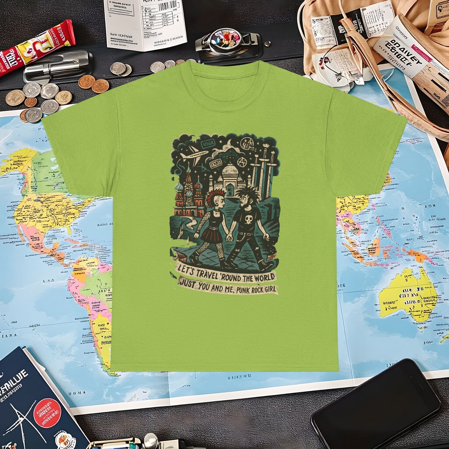 Let’s Travel 'Round the World, Just You and Me – Punk Rock Girl Global Adventure Tee Air Travel T-Shirts | Jetsetter, Airport, and International Flight Tees