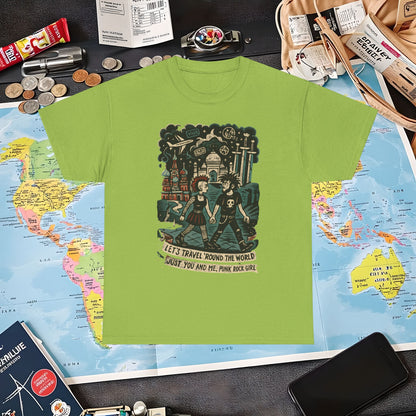 Let’s Travel 'Round the World, Just You and Me – Punk Rock Girl Global Adventure Tee Air Travel T-Shirts | Jetsetter, Airport, and International Flight Tees