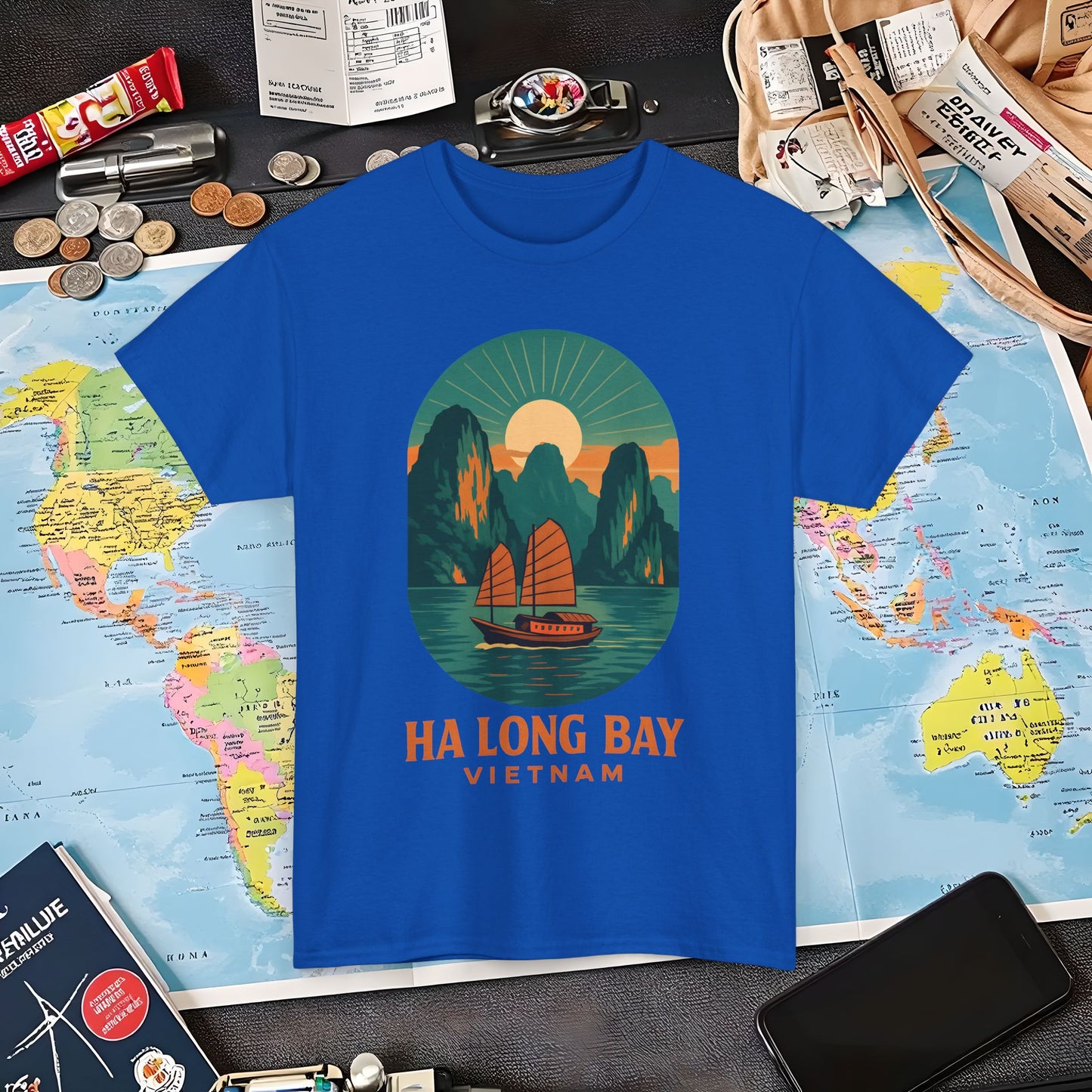 Ha Long Bay Vietnam T-Shirt – Art Deco Junk Boat Travel Shirt for Southeast Asia Lovers Air Travel T-Shirts | Jetsetter, Airport, and International Flight Tees