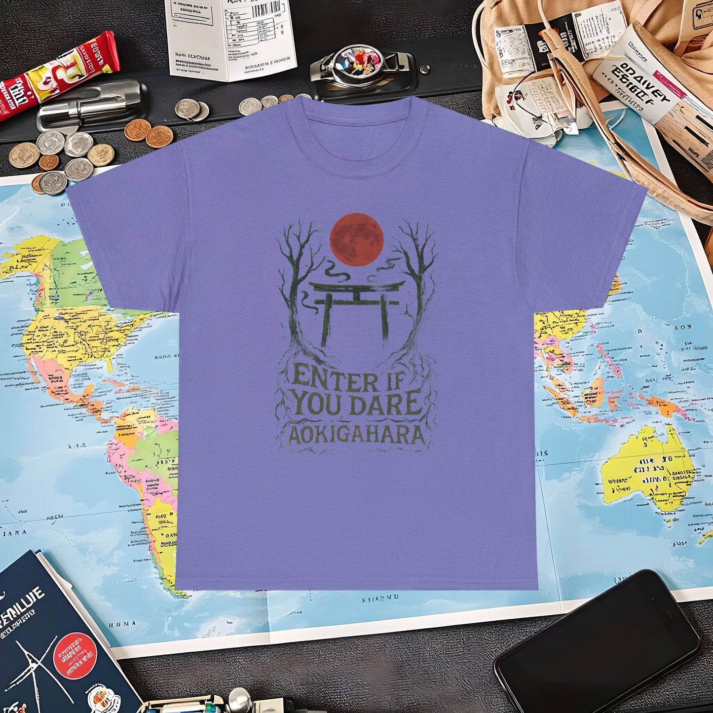 Aokigahara Torii Path Under Blood Moon Tee | Layover Club Air Travel T-Shirts | Jetsetter, Airport, and International Flight Tees