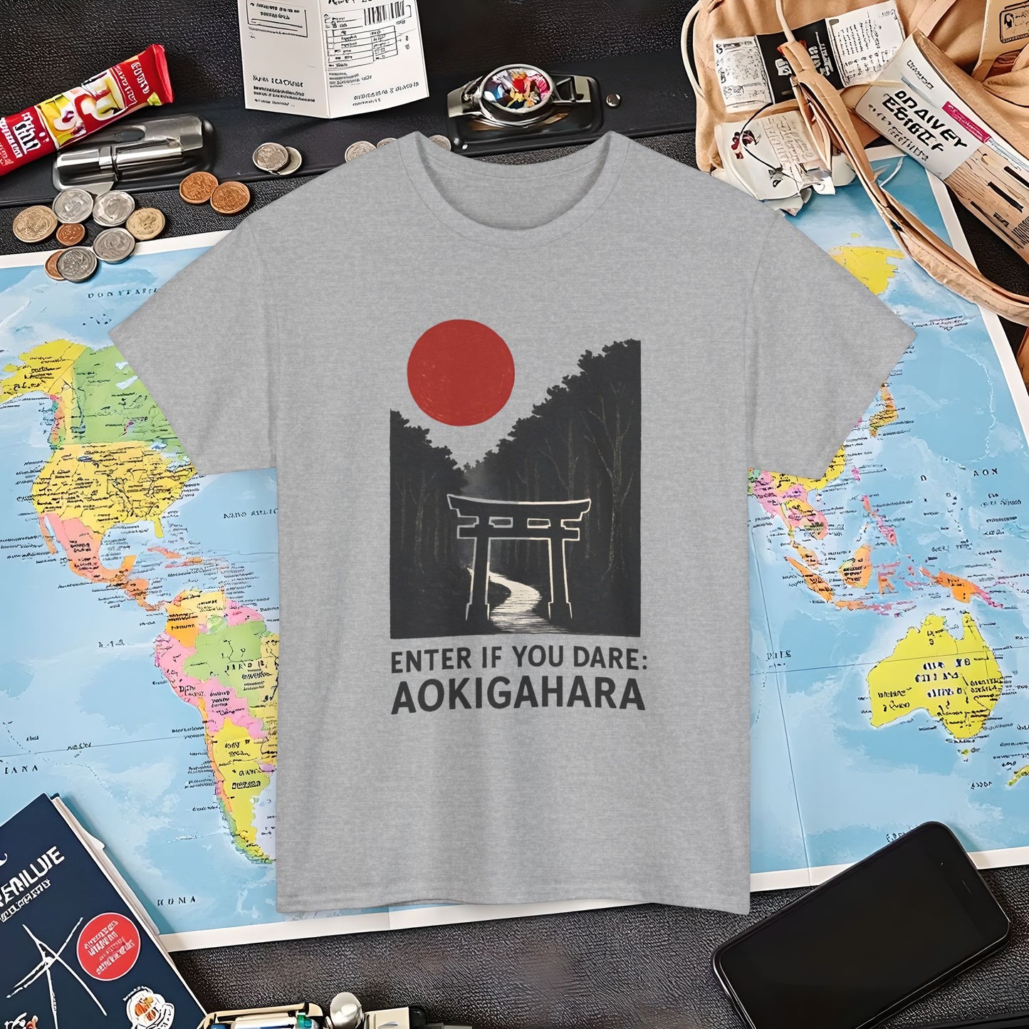Scarlet Moon Torii – Aokigahara Forest Path Tee – Haunted Japan Travel Shirt | Layover Club Air Travel T-Shirts | Jetsetter, Airport, and International Flight Tees