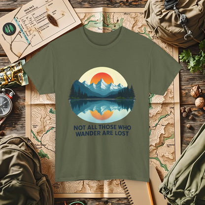 Not All Who Wander Are Lost T-Shirt – Sunset Over Mountain Lake and Forest Reflection Camping, Hiking, Rafting & Kayaking Tees for Nature Lovers