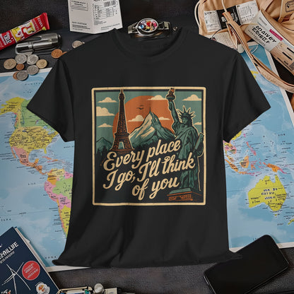 Every Place I Go, I’ll Think of You T-Shirt – Vintage Postcard Travel Collage with Iconic Landmarks Air Travel T-Shirts | Jetsetter, Airport, and International Flight Tees