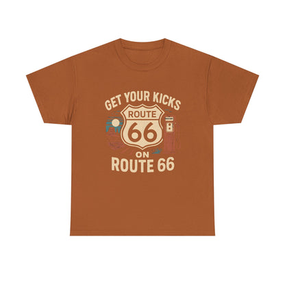 Get Your Kicks on Route 66 T-Shirt – Vintage Desert Scene with Classic Gas Pump & Roadside Vibes Road Trip & Vehicle Travel T-Shirts | Car, RV, and Motorcycle Adventure Tees