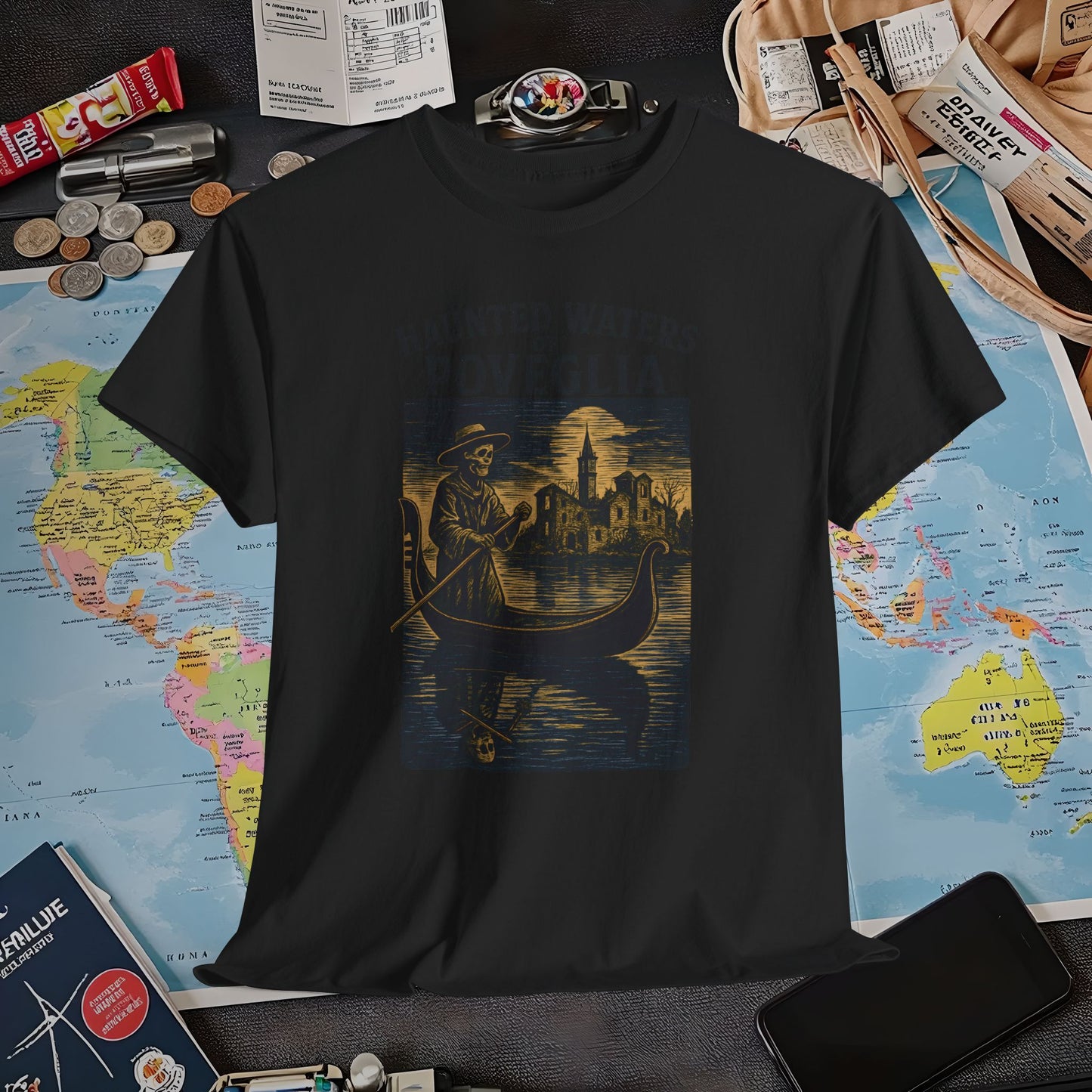Skeletal Gondolier of Haunted Poveglia – Dark Venetian Ghost Travel Tee| Layover Club Air Travel T-Shirts | Jetsetter, Airport, and International Flight Tees