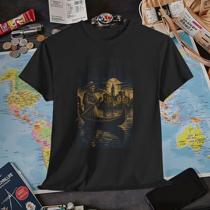 Skeletal Gondolier of Haunted Poveglia – Dark Venetian Ghost Travel Tee| Layover Club Air Travel T-Shirts | Jetsetter, Airport, and International Flight Tees