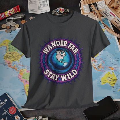 Wander Far, Stay Wild T-Shirt – Globe Burst Adventure Design Air Travel T-Shirts | Jetsetter, Airport, and International Flight Tees