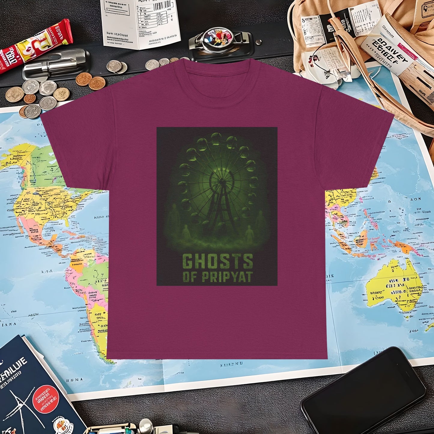 Neon Green Pripyat Ferris Wheel & Ghostly Silhouettes Tee – Chernobyl Dark Tourism Shirt | Layover Club Air Travel T-Shirts | Jetsetter, Airport, and International Flight Tees