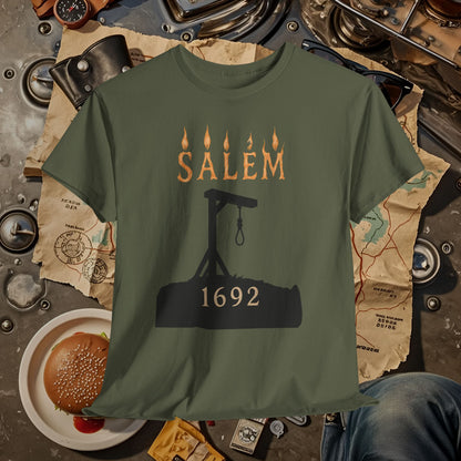 Salem 1692 Gothic Noose & Candle Flame Typography Tee – Witch Trials Dark History Shirt | Car, RV, and Motorcycle Adventure Tees