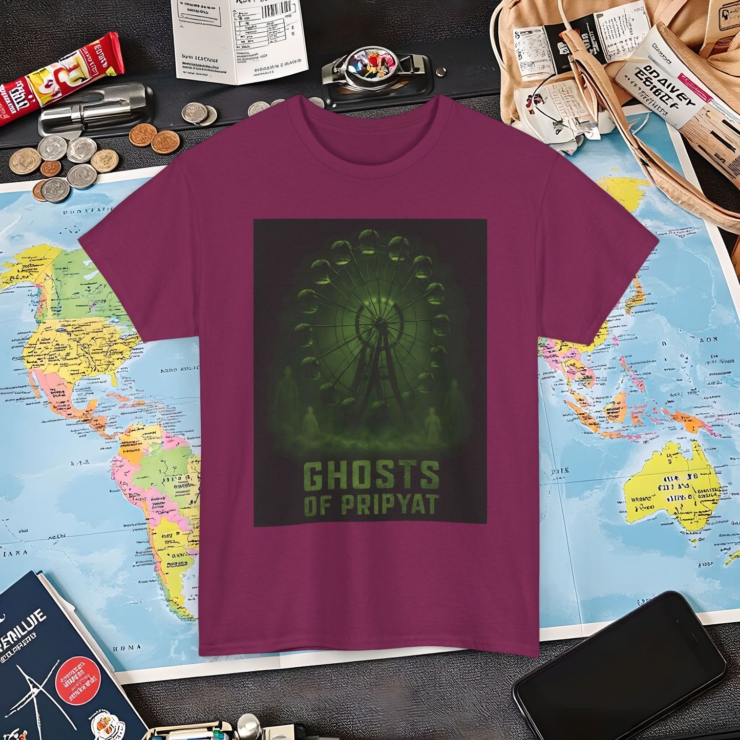Neon Green Pripyat Ferris Wheel & Ghostly Silhouettes Tee – Chernobyl Dark Tourism Shirt | Layover Club Air Travel T-Shirts | Jetsetter, Airport, and International Flight Tees