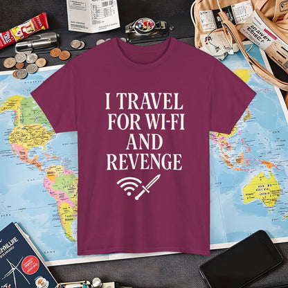I Travel for WiFi and Revenge – Bold Quote Tee with Dagger Icon Air Travel T-Shirts | Jetsetter, Airport, and International Flight Tees