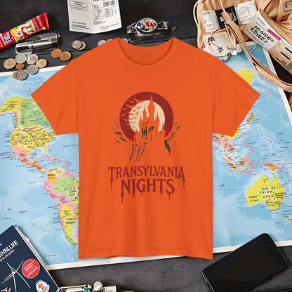 Gothic Transylvania Castle under Crimson Moon Tee – Dark Travel Romania Shirt | Layover Club Air Travel T-Shirts | Jetsetter, Airport, and International Flight Tees