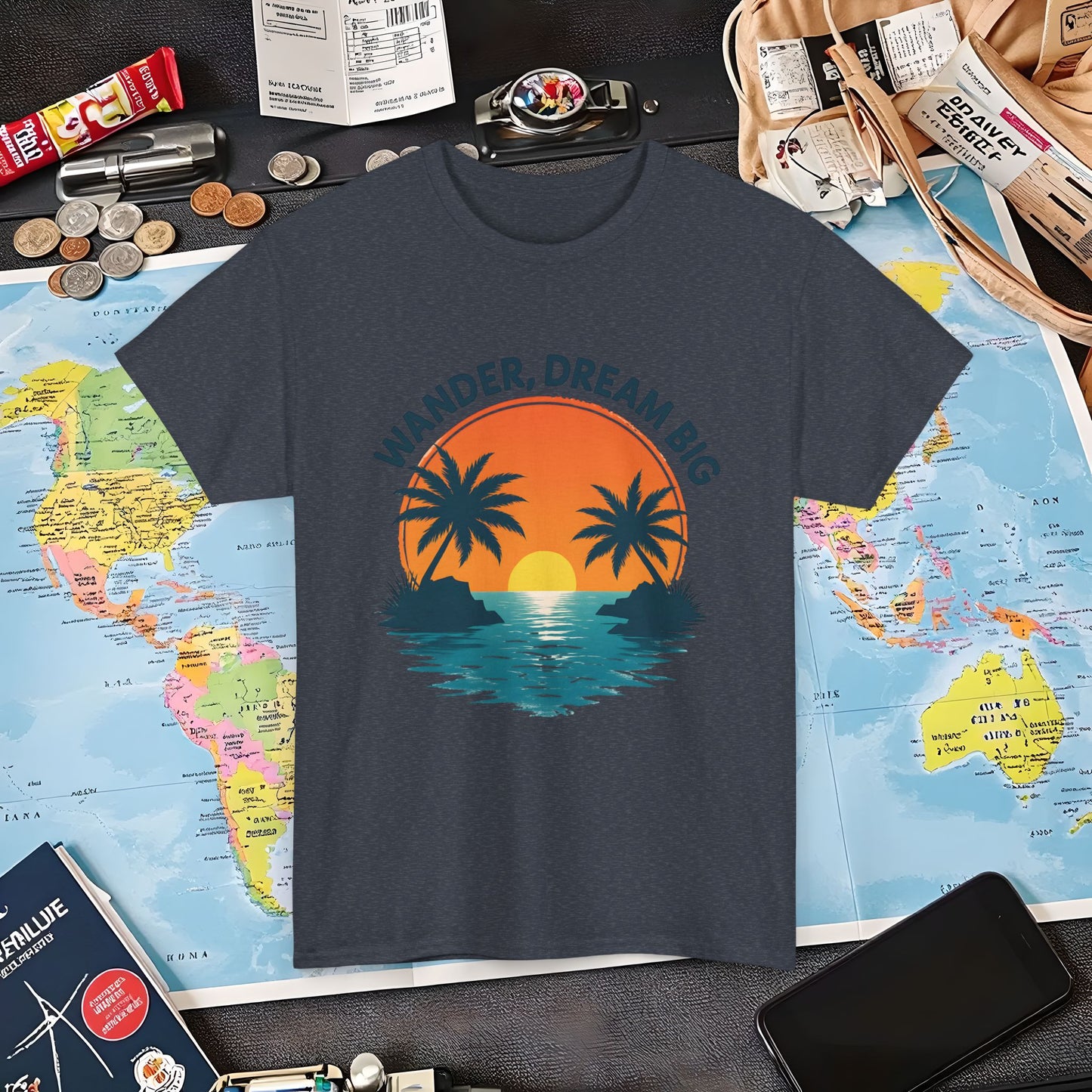Wander Dream Big T-Shirt – Tropical Sunset with Palm Silhouettes Design Air Travel T-Shirts | Jetsetter, Airport, and International Flight Tees
