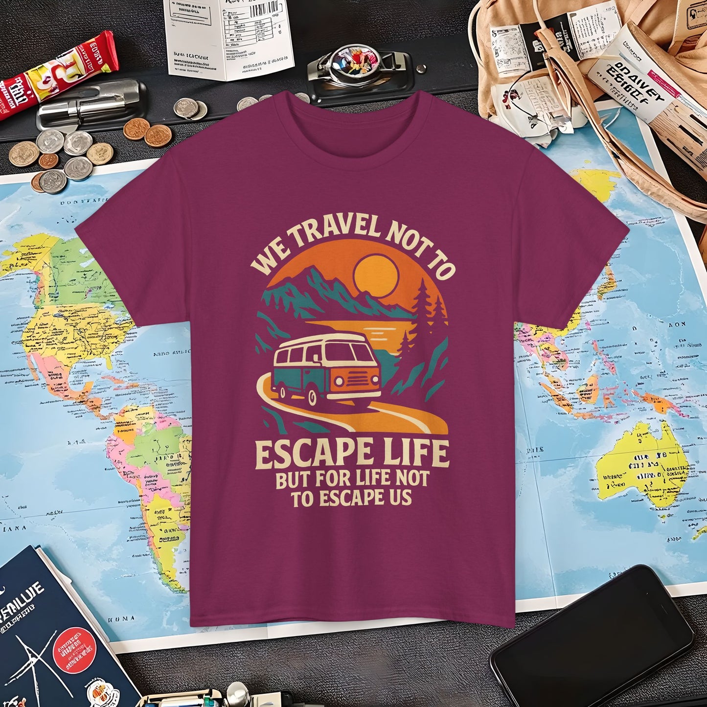 Travel Not to Escape Life – Retro Van & Sunset Road Adventure Tee | Layover Club Air Travel T-Shirts | Jetsetter, Airport, and International Flight Tees