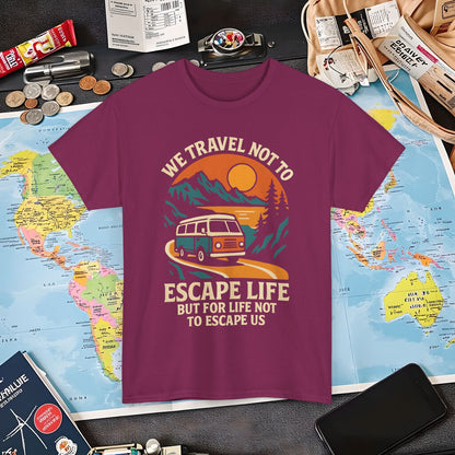 Travel Not to Escape Life – Retro Van & Sunset Road Adventure Tee | Layover Club Air Travel T-Shirts | Jetsetter, Airport, and International Flight Tees